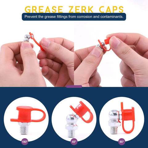 Hands holding SAE Hydraulic Grease Fittings Kit With Plastic Caps, showing 180, 45, and 90-degree angles.