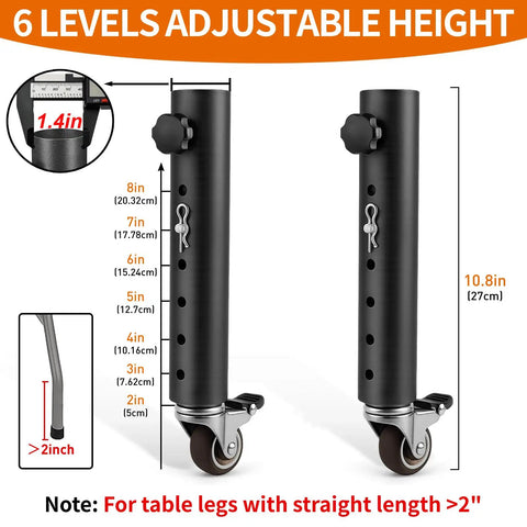 4 Pack Adjustable Table Leg Extenders With Wheels, Heavy Duty Steel Furniture Risers, 6 height options from 2 to 8 inches.