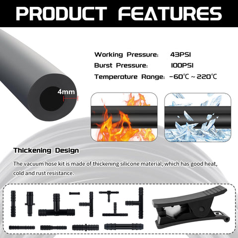 Five Foot Automotive Vacuum Hose Kit With 64 Vacuum Hose Connectors and 6 Vacuum Lines Pipe Cutter Silicone Hoses, temperature and pressure specs shown