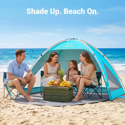 Family using Large Beach Tent Sun Shelter For Three To Four People With UPF 50 Plus UV Protection Privacy Door on sandy beach