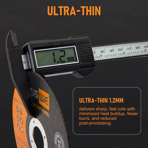 Ultra Thin 4 1/2 Inch Cut Off Wheel Pack For Metal And Stainless Steel Grinding On Angle Grinders 0.045 Inch Thick shown with digital caliper