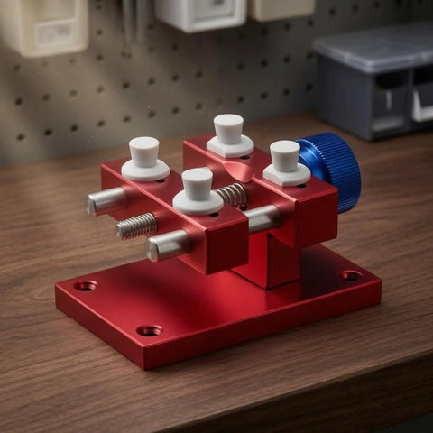 Beefy Aluminum Work Holder With Anodized Red Finish And Knurled Blue Adjustment Knob A Solid Workshop Tool For Securely Holding Parts And Precise Repairs Heavy Duty Aluminum Alloy Build For Everyday Shop Use. red aluminum work holder on bench with blue knob