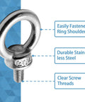 Four Pack M10 Eye Bolts Stainless Steel 304 Rustproof Lifting Eyebolt Ring With Shoulder, close-up view with labels