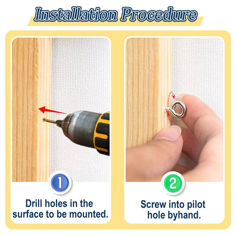 Installation procedure for Hard As Nails Eye Hooks And Screw Eyes Assortment Kit with drilling and screwing steps.