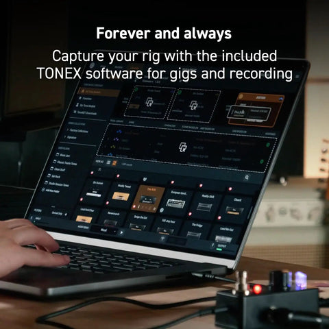 Close-up of Tonex One AI MultiFX Micro Pedal with laptop displaying tone modeling software for electric guitar amp tones.