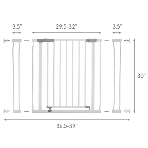 Walk Through Baby Safety Gate With Stay Open Feature Kid Safe For Busy Homes Pressure Mounted Double Locking Latch One Handed Operation Fits 29.5 To 39 Inches Model CK037 diagram