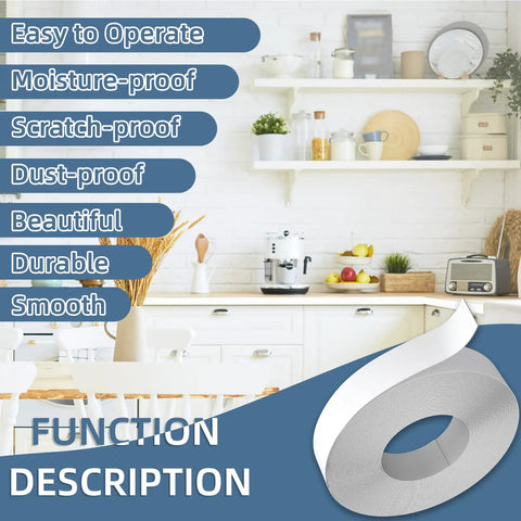 Pre Glued White Veneer Edge Banding Roll Three Quarters Inch Wide By Fifty Feet Real Wood Tape with kitchen setting backdrop