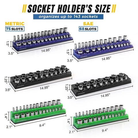 Magnetic Socket And Wrench Organizer Tray Set With Nine Piece That Sticks Like Crazy Three Color Socket Tray SAE and Metric slots