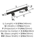 Diagram showing dimensions of Matte Black Radius Cabinet Pull For Cabinets And Drawers In Contemporary Modern Style.