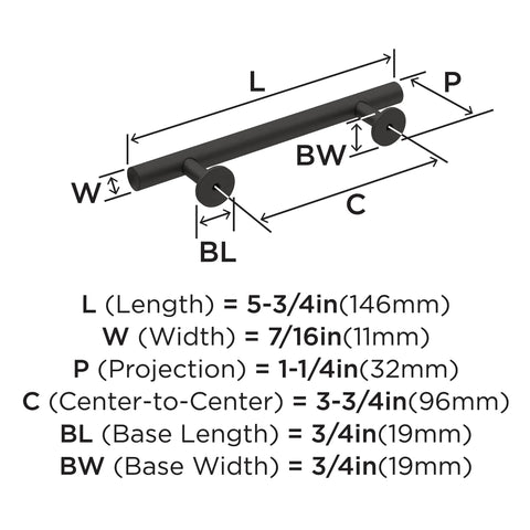 Diagram showing dimensions of Matte Black Radius Cabinet Pull For Cabinets And Drawers In Contemporary Modern Style.