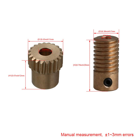 Brass reducer gear set: 20-tooth spur gear with 4 mm bore (front view) and threaded brass shaft (side view).