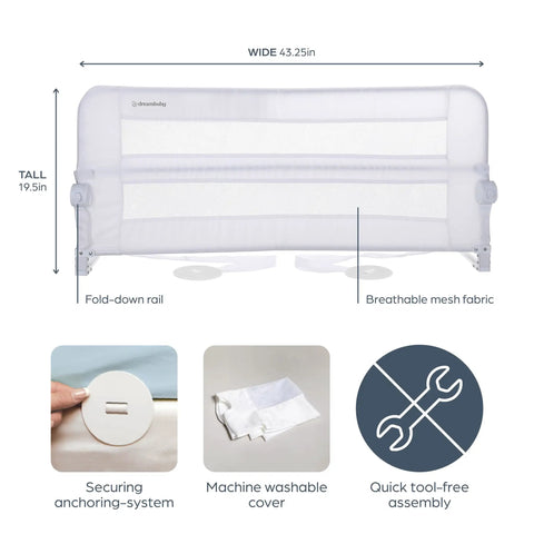 Fold Down Bed Rail For Toddlers, Fits Queen Size Mattress, With Safety Anchors For Secure Sleep, 43.25 Inch Wide And 19.5 Inch Tall Guard, Easy Install, White, Highlighting Mesh Fabric and Anchoring