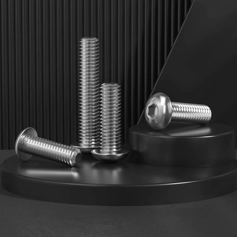 22 Pack 3/8 16 X 1/2 In Button Head Socket Cap Bolts Made From Badass 304 Stainless Steel on a black display surface.