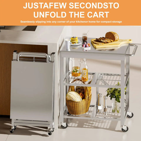 Slick Stainless Steel Folding Kitchen Cart Rock Solid Three Tier Rolling Utility Station With Grippy Locking Wheels, foldable with food prep.