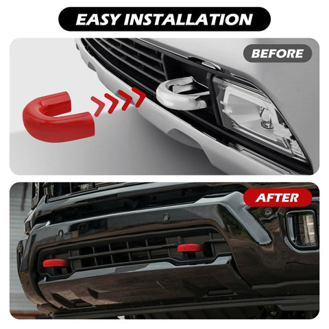 Before and after installation of Chevrolet Silverado 2500/3500 HD Front Tow Hook Covers Hitch Cover For 2020-2026 Trucks