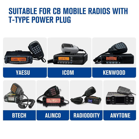 T-Shape DC Car Power Cable With Beefy 15A Fuse for Yaesu ICOM Kenwood Alinco AnyTone and BTECH CB mobile radios, 3m lead