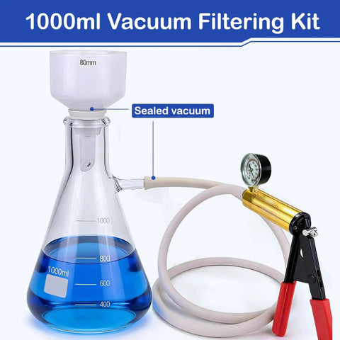 1000 mL Buchner Filtration Kit With Handheld Vacuum Pump And Ceramic Filter Funnel, lab vacuum filtering flask, rubber stoppers, and 100 filter papers displayed.