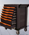 7-Drawer Rolling Tool Cart On Wheels With Lock Mobile Tool Storage Organizer For Garage And Workshop Durable Cold-Rolled Steel Tool Box For Home Repairs And Heavy Duty Projects, black and orange design, side view