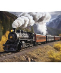 Steam Locomotive Train Wall Tapestry Poster Ultra Soft Polyester Backdrop for Bedroom showing vintage train in mountainous scenery.