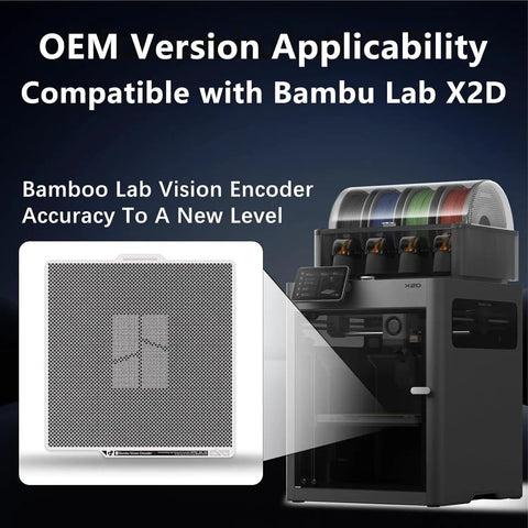 Vision Encoder Plate for Bambu Lab X2D 3D Printer with Sub-50 Micron Motion Accuracy, High-Density Marker Calibration Board, Dialed-In Direct Replacement Encoder for Pro-Grade Print Alignment and Wear Compensation, shown with X2D printer