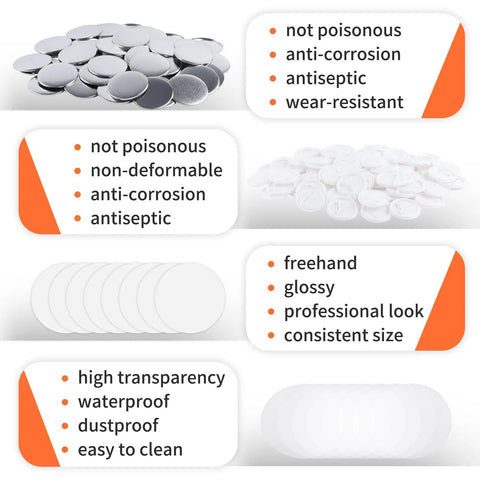 Premium Top Tier 200 Piece 2 Inch 58 Mm Button Maker Supplies And Pin Back Crafting Kits featuring metal caps and plastic backs for DIY projects.