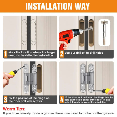 Installation guide for Sleek Six Inch Hidden Door Hinges for Clean Concealed Doors and Invisible Wall Panels with tools and steps.