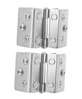Front view of two stainless steel double‑sided glass door hinges for display cabinets with screw heads visible.