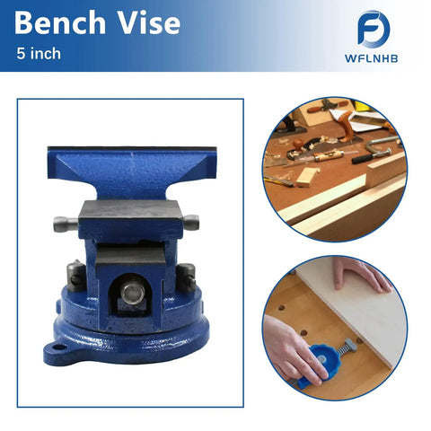 Rock Solid 5 Inch Tabletop Bench Vise With 360 Degree Swivel Base Locking Jaws And Double Lock Down Bolts in blue, shown clamping.