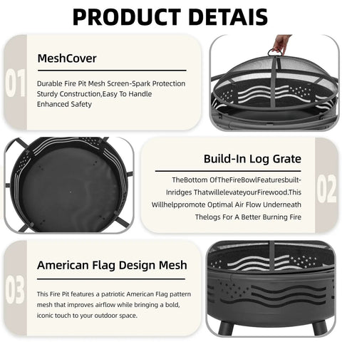 Cozy 32 Inch American Flag Fire Pit With Mesh Cover And Poker features shown including mesh, grate, and flag design.