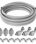 Flexible Liquid Tight PVC Electrical Conduit Kit 1/2-Inch Diameter, 25 Feet, Outdoor Non-Metallic Grey with couplings, elbows, and straps