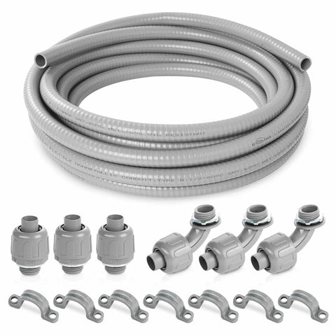 Flexible Liquid Tight PVC Electrical Conduit Kit 1/2-Inch Diameter, 25 Feet, Outdoor Non-Metallic Grey with couplings, elbows, and straps