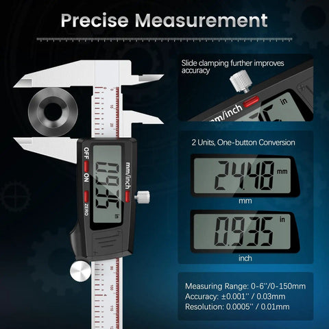 Go-To 6 Inch Digital Caliper With Large LCD Screen And Millimeter Readouts, showing precise measurement features.