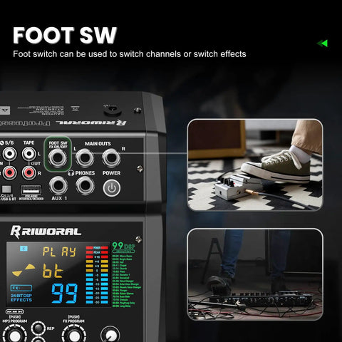 Six Channel Audio Interface Mixer With 99 DSP Digital Effects Bluetooth USB RCA Interface showing foot switch use