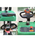 Top Tier Electric Pallet Jack With Massive 3,300 Lbs Capacity And 9.8 Foot Lift Height control panel and handle details.
