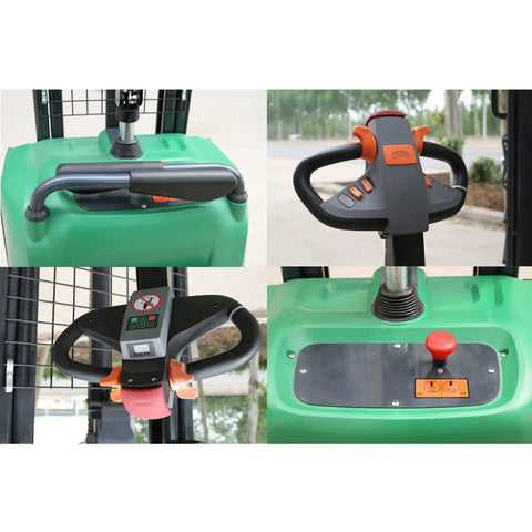 Built Tough Electric Pallet Forklift Offering 3300 Pound Capacity And 14 Point 7 Foot Lift, control panel and handles in green.