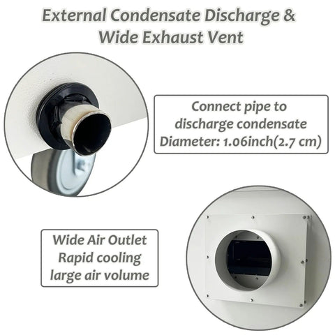 Heavy Duty Industrial Mobile Air Conditioner Cranking 51100BTU Of Badass Cooling Power With Smooth Rolling Wheels And Zero Drama Drainage For Workshops Factories And Heatwave Events Now, showing external condensate discharge and wide exhaust vent.