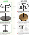 Comparison of two eyewear organizer rack displays, highlighting quality differences in material and construction, with "ours" shown as superior. Ours has a smooth iron frame and wooden base; others depict poor welding and uneven surfaces.