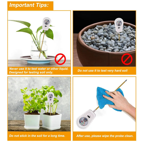 Four tips on using Three In One Soil Test Kit With Moisture PH And Fertility Meter, including inserting the probe into soil and cleaning it.