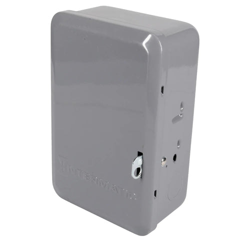 Heavy Duty 24 Hour Mechanical Timer Switch 120 Volt SPST for lights with indoor metal enclosure, side view