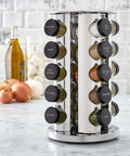 20 Jar Revolving Countertop Spice Rack With Pre Filled Glass Jars And Removable Sifter And Labeled Black Caps And Free Spice Refills For Five Years Polished Stainless Steel Easy Reach Kitchen Organizer For Fresh Flavor.