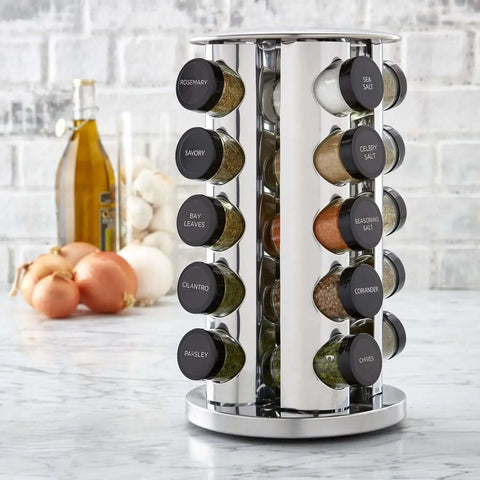 20 Jar Revolving Countertop Spice Rack With Pre Filled Glass Jars And Removable Sifter And Labeled Black Caps And Free Spice Refills For Five Years Polished Stainless Steel Easy Reach Kitchen Organizer For Fresh Flavor.