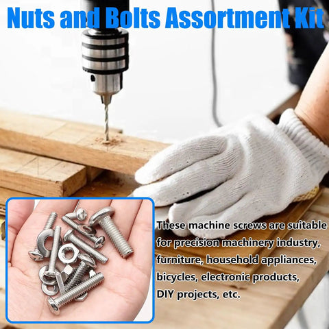 1287 Piece Nuts And Bolts Assortment Kit Made From Badass 304 Stainless Steel with screws in a hand over a workbench.