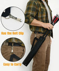 Man holding Hip Two-Tube Archery Quiver With Belt Clip, black leather, shows attachment to pants, easy-to-carry design