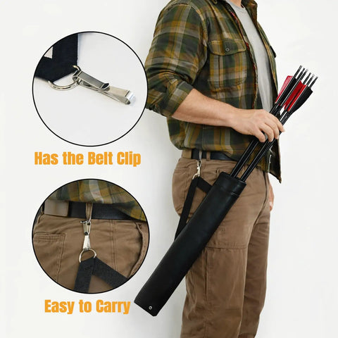 Man holding Hip Two-Tube Archery Quiver With Belt Clip, black leather, shows attachment to pants, easy-to-carry design