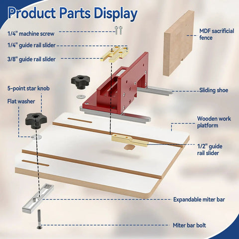 Exploded view of Box Joint Router Jig Kit For Table Saws And Router Tables With Brass Indexing Keys In 1/4, 3/8, And 1/2 Inch Sizes