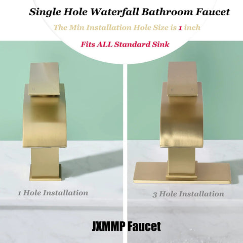 Waterfall Bathroom Faucet In Brushed Gold With Pop Up Drain And Deck Plate For 3 Hole Install Single Hole Vanity Faucet Lead Free Stainless Steel
