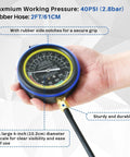 Front view of automotive fuel pump and vacuum tester gauge with blue housing, 4-inch dial, and hose.