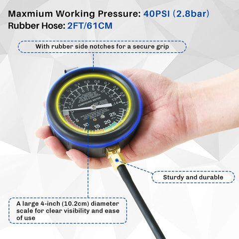 Front view of automotive fuel pump and vacuum tester gauge with blue housing, 4-inch dial, and hose.