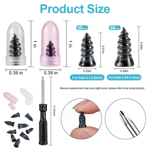 Emergency Tire Plug Kit With 60 Pieces Quick Screw Type Plugs For Car Motorcycle Truck Tractor SUV Roadside Repair No Jack Or Wrench Needed Ultra Seal Fast Flat Tire Fix with sizes and plugs shown.