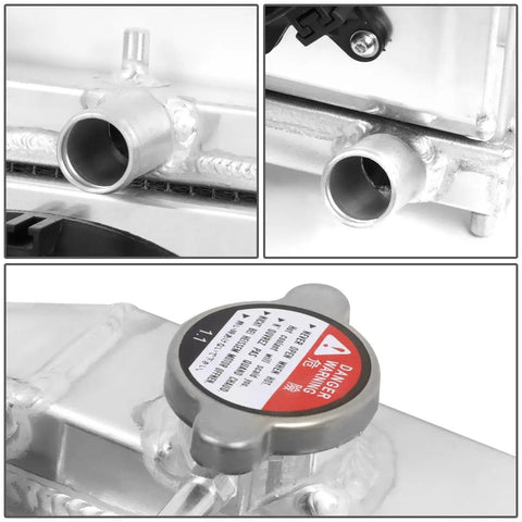 Close-up of 2 Row Radiator With Aluminum Fan Shroud For Civic 1992 Through 2000 Del Sol 1993 Through 1997 Integra 1994 Through 2001